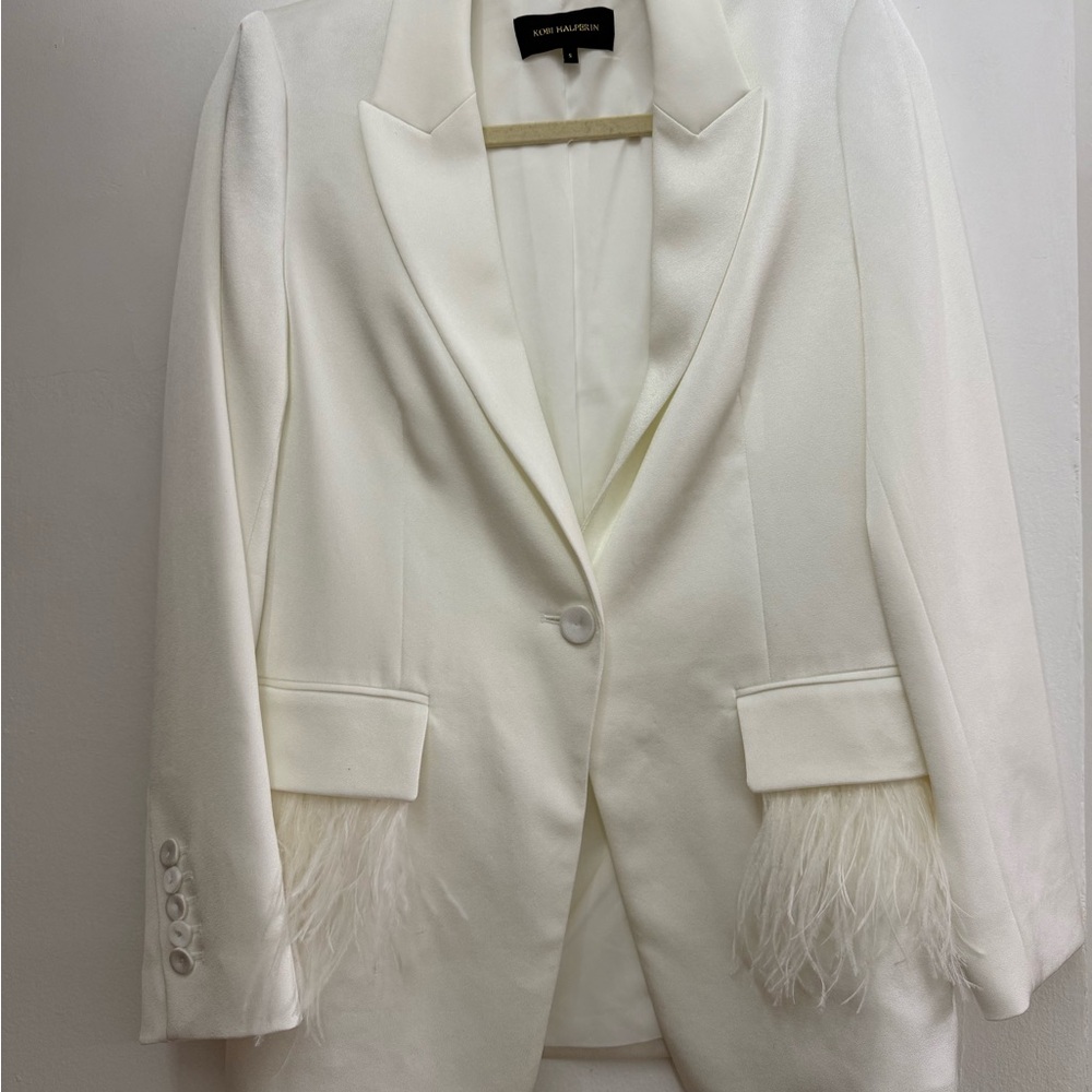White Feather-Trimmed Blazer by Nadine Merabi